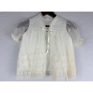 Vintage White Sheer Embroidered Baby Christening Gown‎ Lace Trim Ribbon Tie 9M
